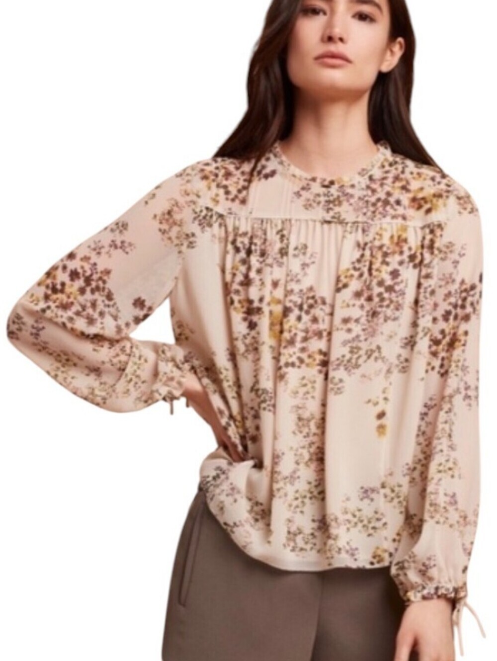 Aritzia Wilfred Lourdes Chiffon Floral Sheer Blouse Gold Shoulder Buttons Small